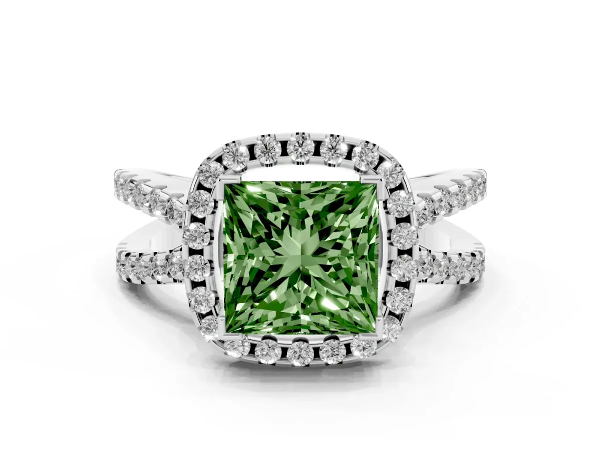 Fancy Green Princess Cut Diamond Halo Ring with Split Shank Pavé Band and Prong Setting Silver