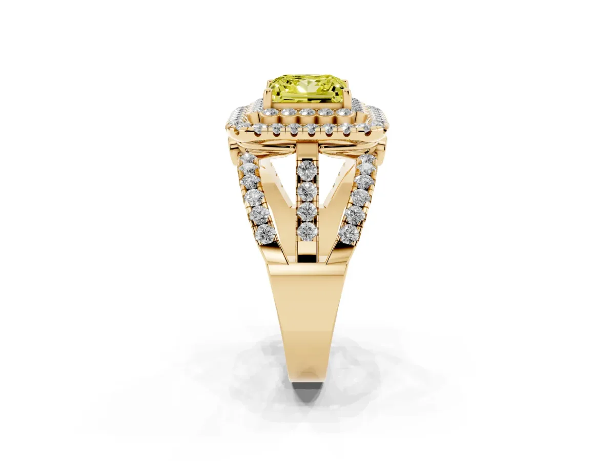 Fancy Yellow Princess Cut Diamond Double Halo Ring with Round Pavé Split Shank and Prong Setting Yellow gold