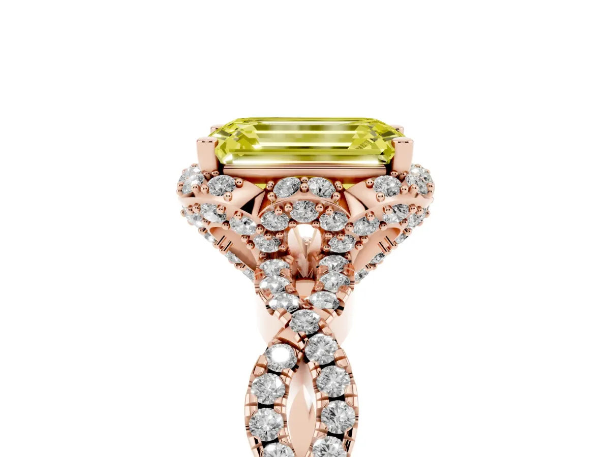 Fancy Yellow Emerald Cut Halo Twist Band Solitaire Ring with Six-Prong Setting Rose gold