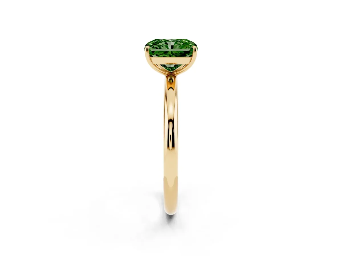 Fancy Green Radiant Cut Solitaire Diamond Ring with Four-Prong Setting on a Plain Band Yellow gold