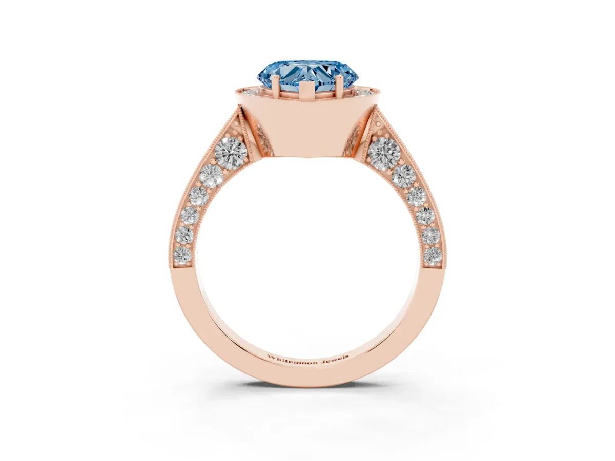 Fancy Blue Heart Cut Halo Diamond Engagement Ring with Split Shank Band and Four-Prong Setting Rose gold