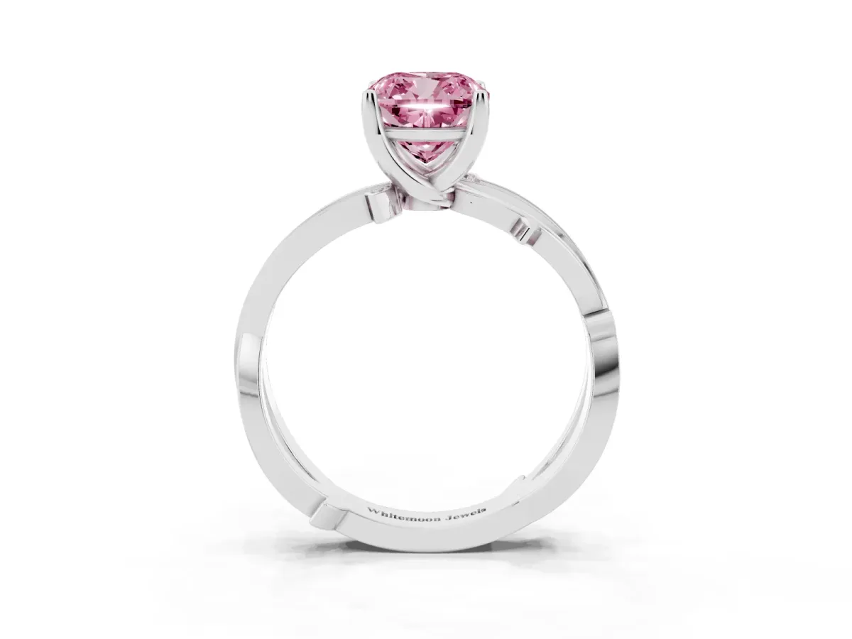 Fancy Pink Cushion Cut Solitaire Twist Band with Pavé Accents and Four-Prong Setting White gold