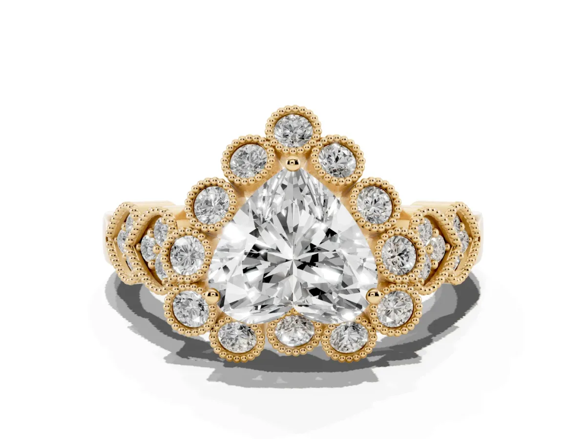 Heart Cut Brilliant Milgrain Pave Heart Band Solitaire Ring Yellow gold
