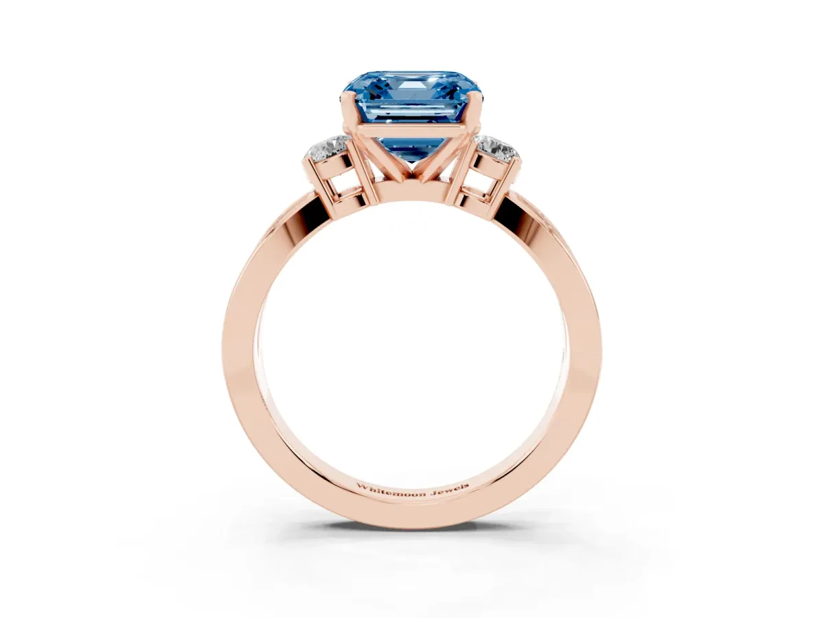 Fancy Blue Three-Stone Asscher Cut Cut Diamond Twist Band with Prong Setting Rose gold
