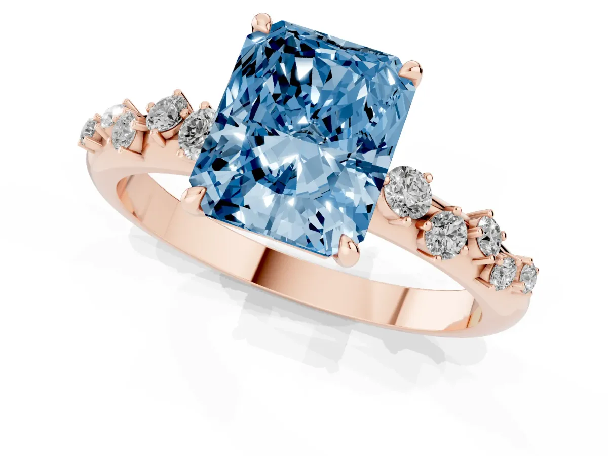 Fancy Blue Radiant Cut Diamond Cluster Prong-Set Solitaire Ring Rose gold