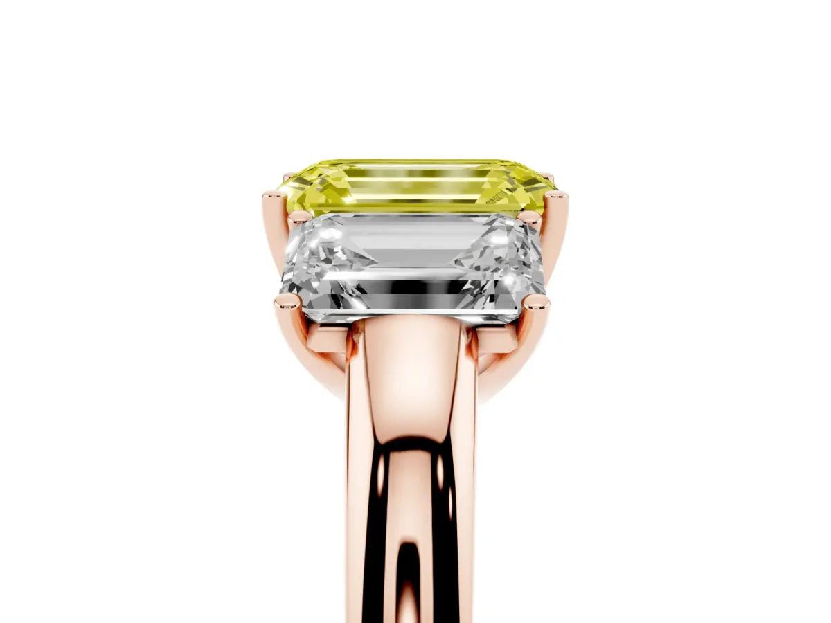 Fancy Yellow Emerald Cut Diamond Three-Stone Ring with Four-Prong Setting and Classic Band Rose gold