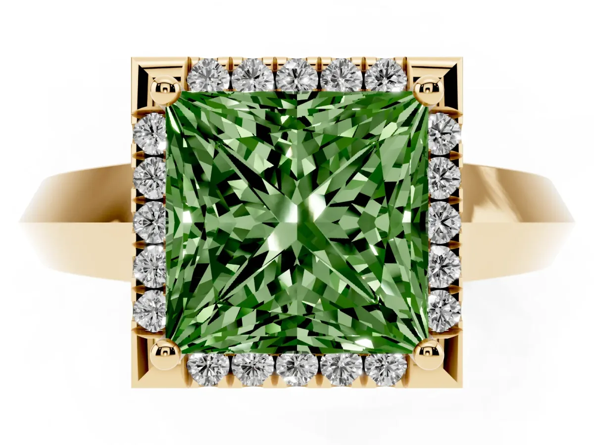 Fancy Green Princess Cut Halo Diamond Ring with Cathedral Band and Four-Prong Setting Yellow gold