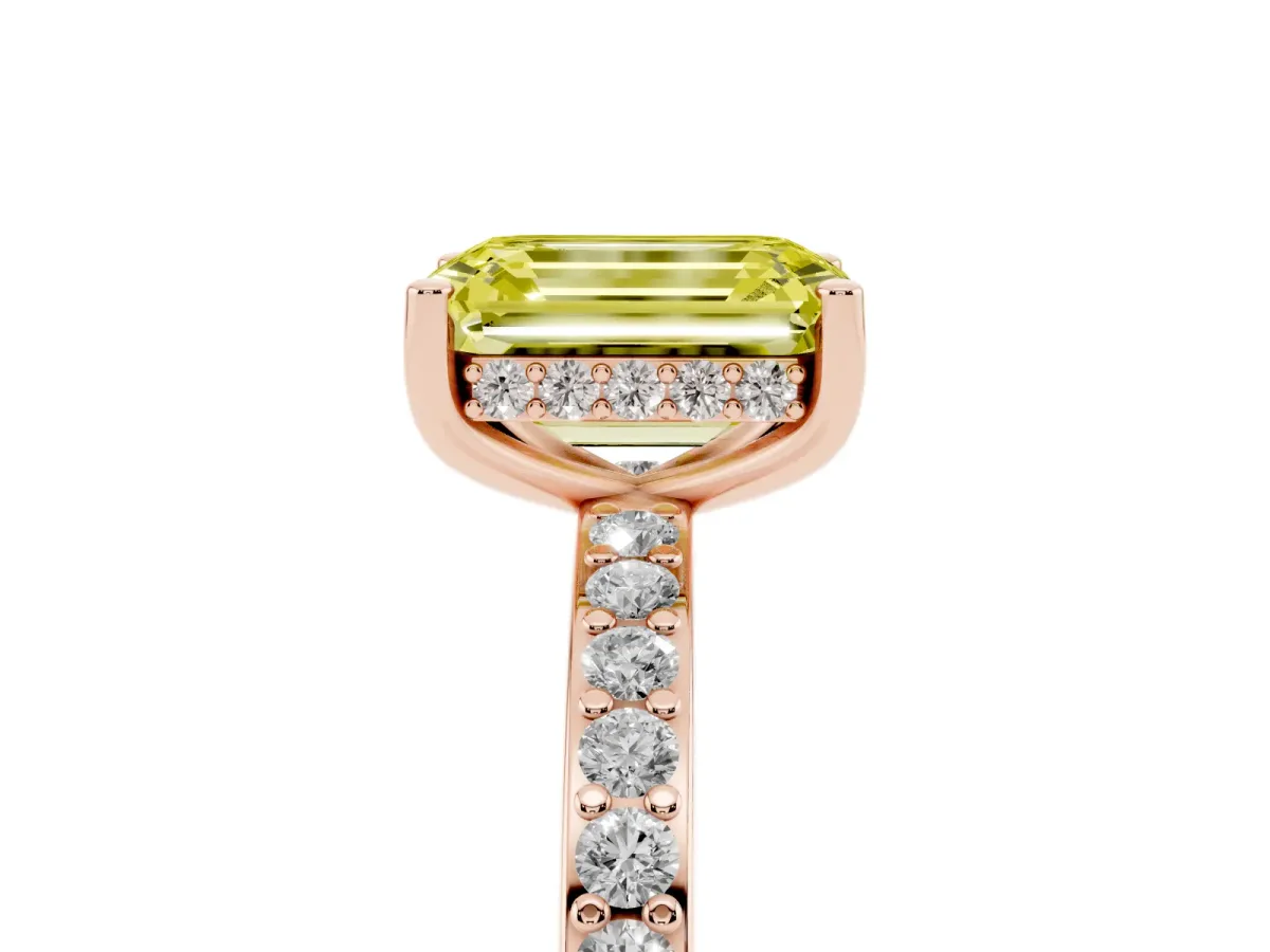 Fancy Yellow Emerald Cut Cut Diamond Pavé Band Ring with Four-Prong Setting Rose gold