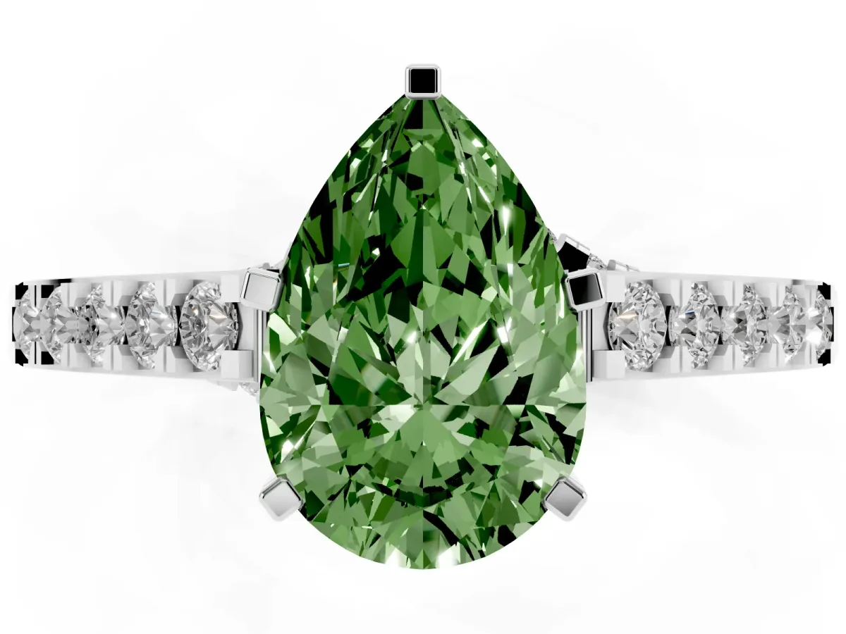 Fancy Green Pear Cut Diamond Solitaire Ring with Crossover Gallery and Round Pavé Band White gold