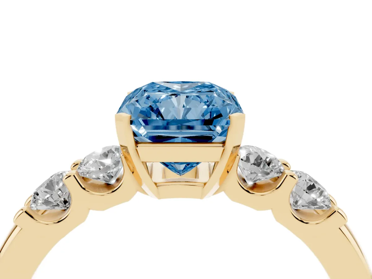 Fancy Blue Radiant Cut Brilliant Cut Diamond Five-Stone Prong Set Engagement Ring with Channel Band Yellow gold