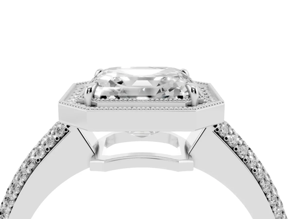 Asscher Cut Cut Halo Diamond Pave Band with Four-Prong Setting White gold