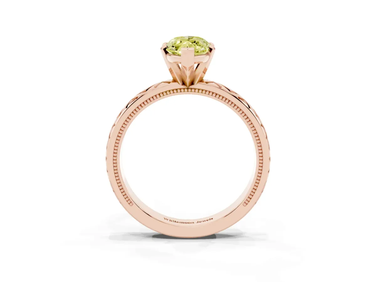 Fancy Yellow Marquise Cut Solitaire Diamond Ring with Milgrain and Black Enamel X Pattern Band Rose gold