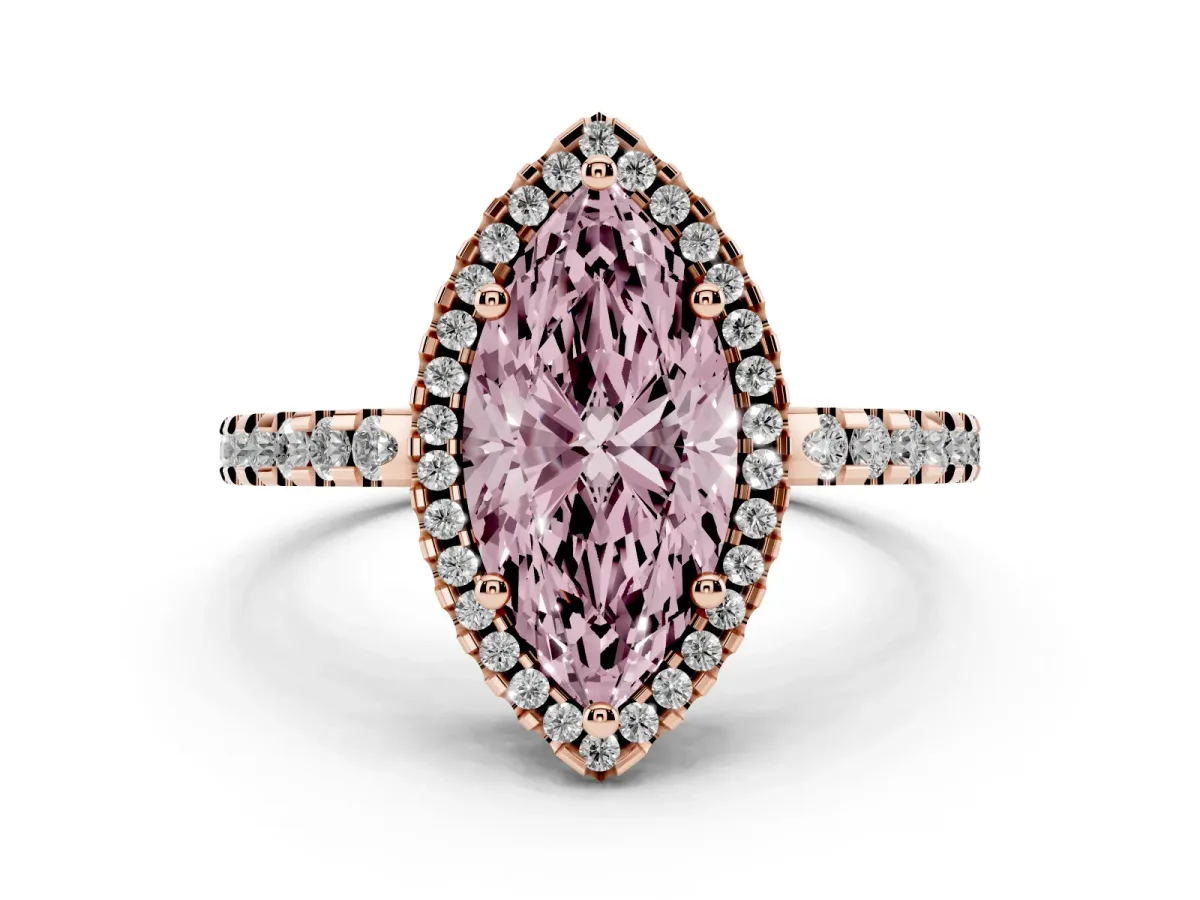Fancy Pink Marquise Cut Diamond Halo Engagement Ring with Pavé Band and Prong Setting Rose gold