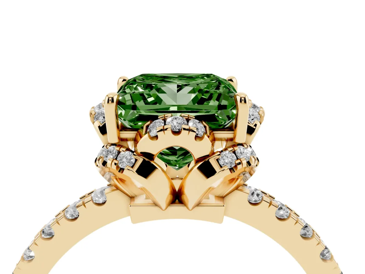 Fancy Green Princess Cut Halo Diamond Pave Band Ring with Four-Prong Setting Yellow gold