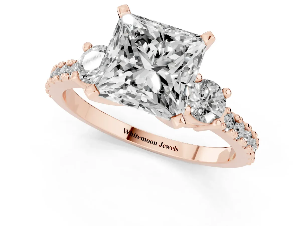 Princess Cut Three-Stone Diamond Pavé Band with Prong Setting Rose gold
