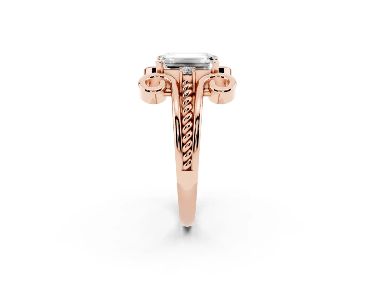 Emerald Cut Solitaire Twisted Band Scroll Prong Ring Rose gold