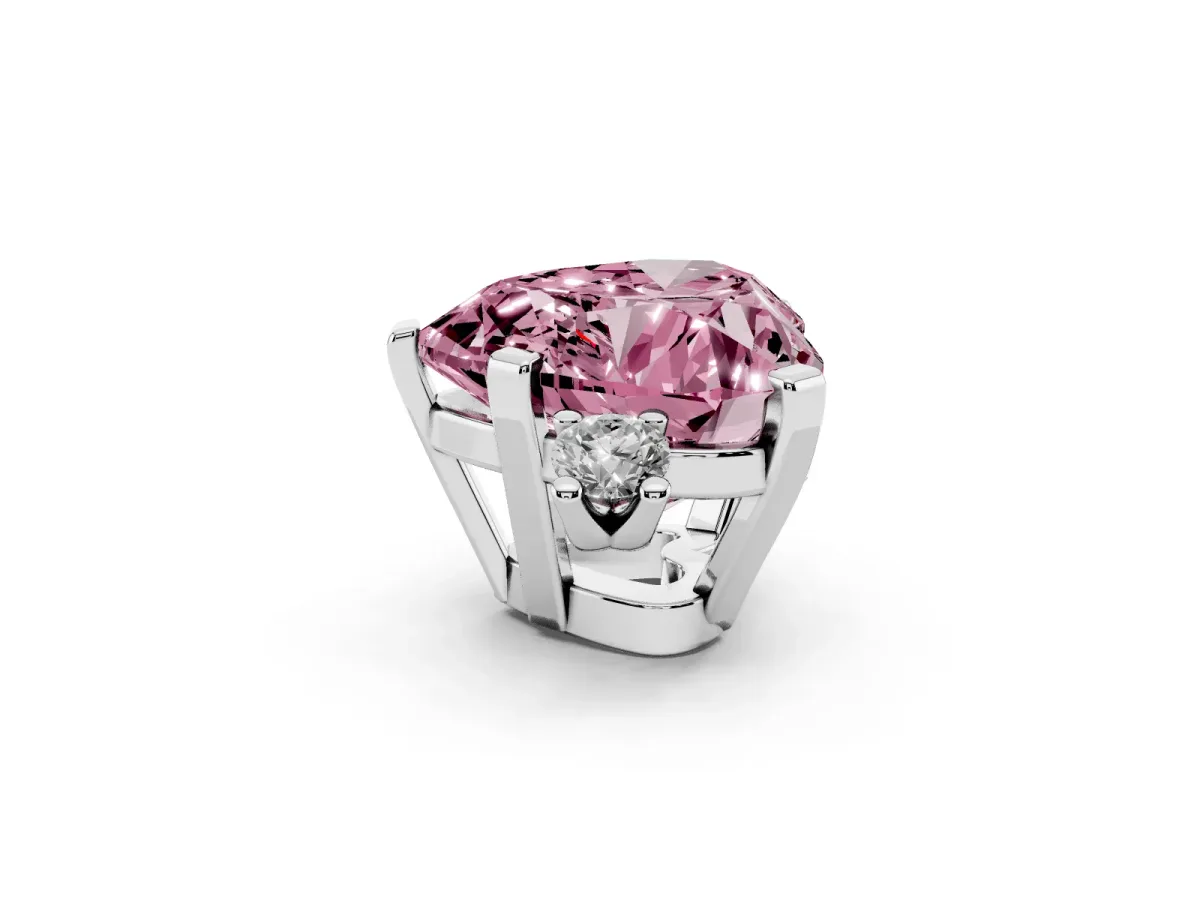 Fancy Pink Heart Cut Cut Three-Stone Solitaire Ring with Round Accent Diamonds and Four-Prong Setting Silver