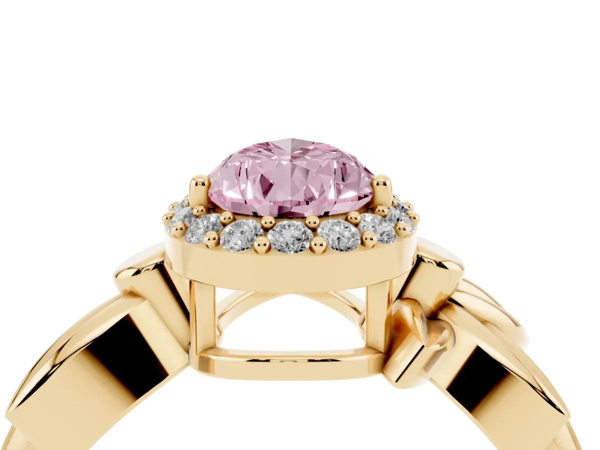 Fancy Pink Pear Cut Halo Diamond Floral Band with Four-Prong Setting Yellow gold