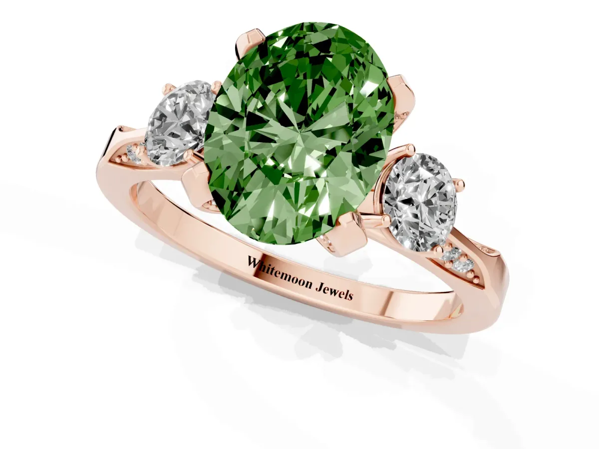 Fancy Green Oval Cut Brilliant Three-Stone Diamond Ring with Pavé Band and Four-Prong Setting Rose gold
