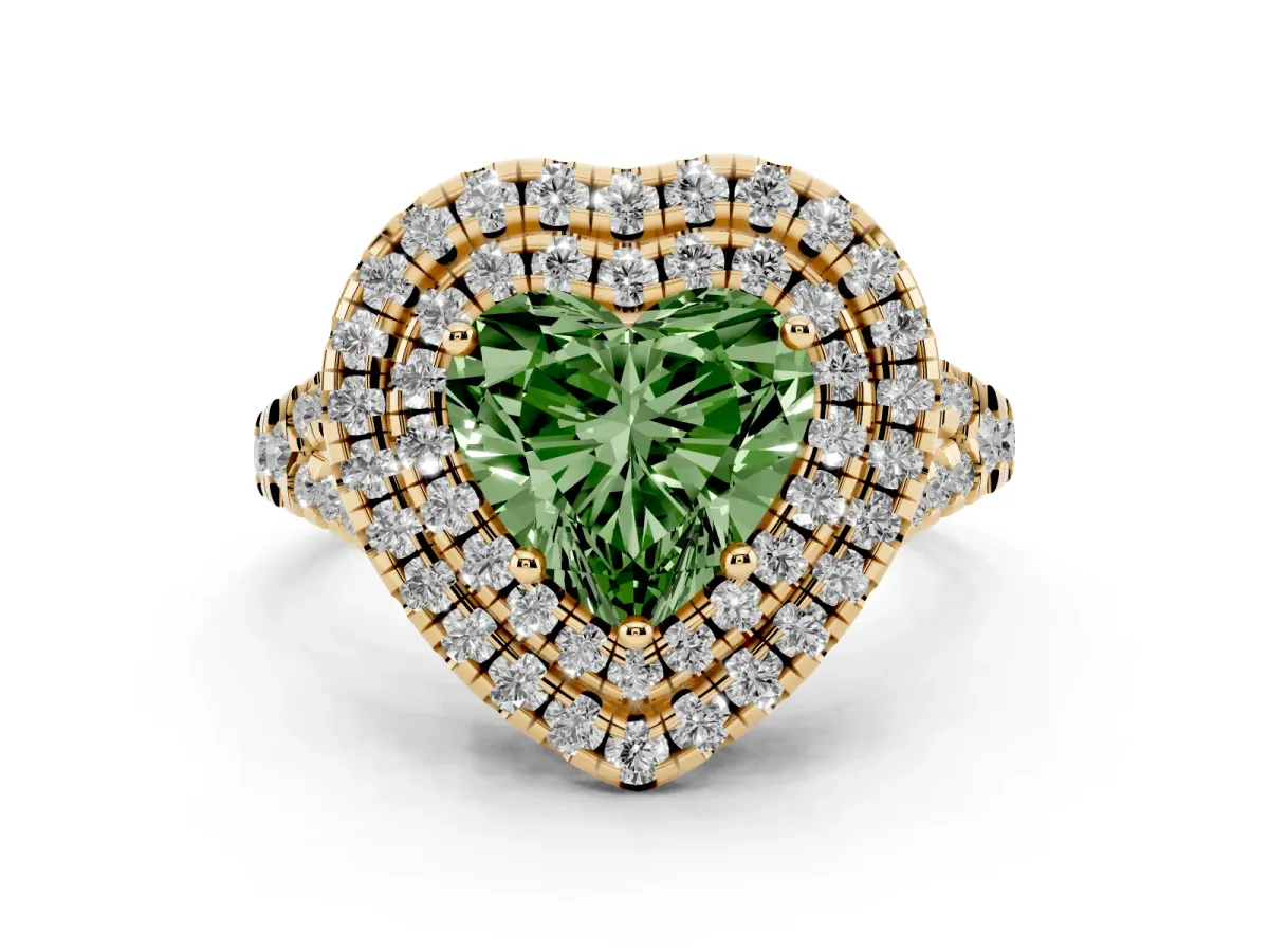 Fancy Green Double Halo Heart Cut Diamond Pavé Split Shank Ring with Prong Setting Yellow gold