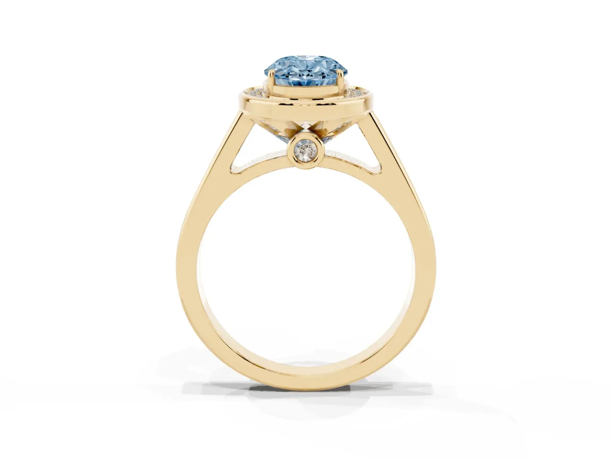Fancy Blue Oval Cut Halo Solitaire Diamond Ring with Pave Band and Bezel Setting Yellow gold