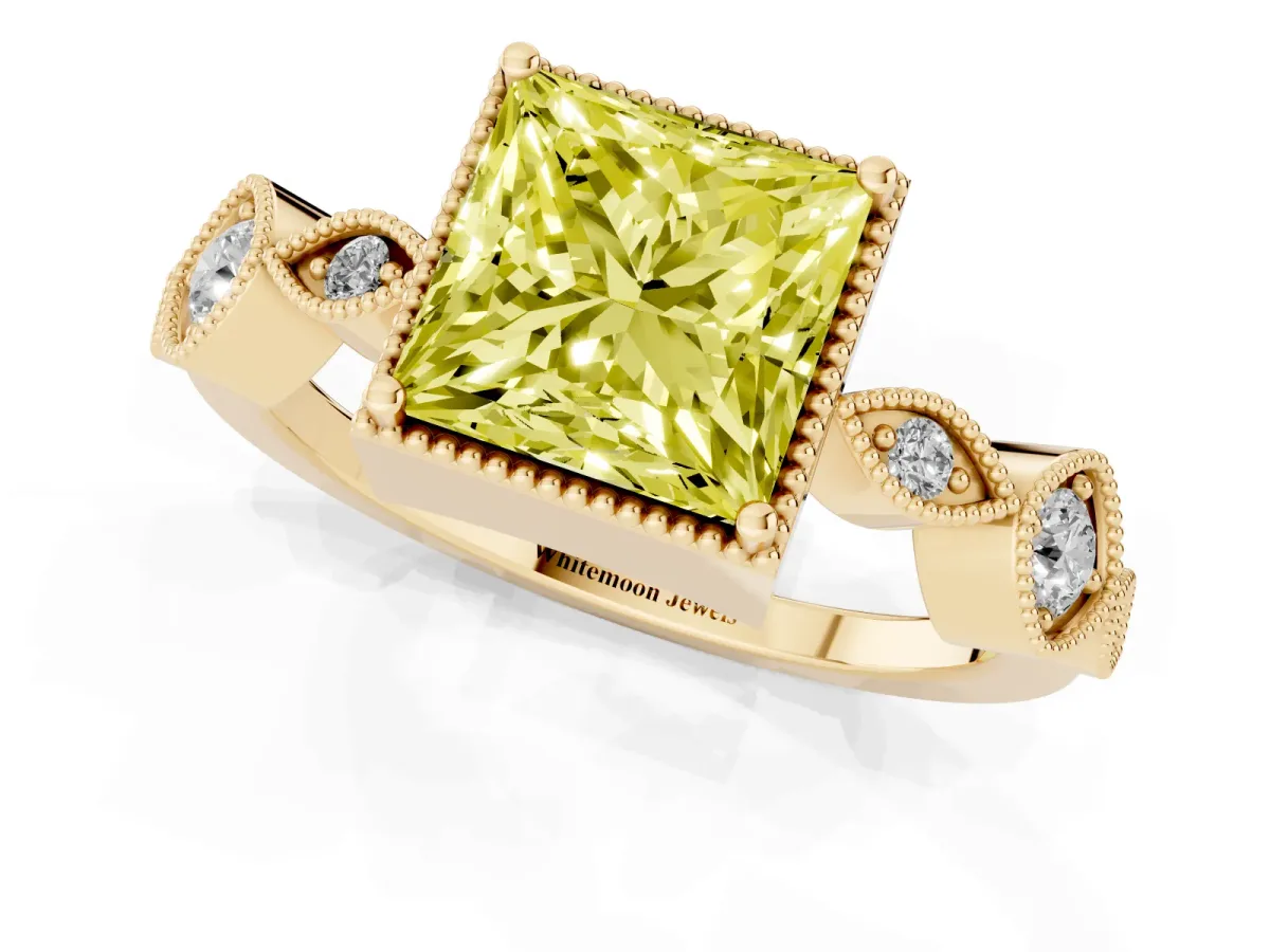 Fancy Yellow Princess Cut Diamond Vintage Milgrain Ring with Round Stations Yellow gold
