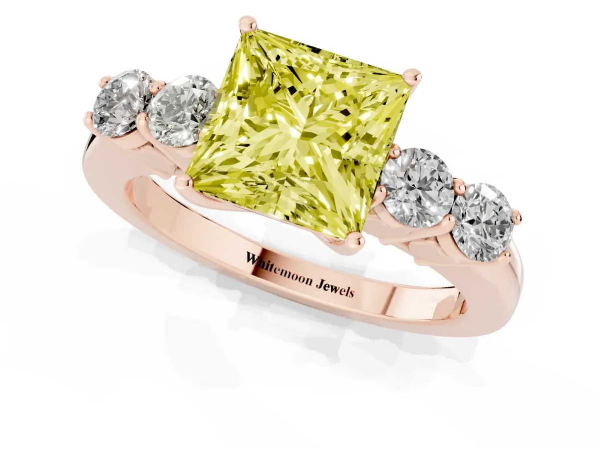 Fancy Yellow Princess Cut Cut Diamond Five-Stone Prong Set White Gold Ring Rose gold