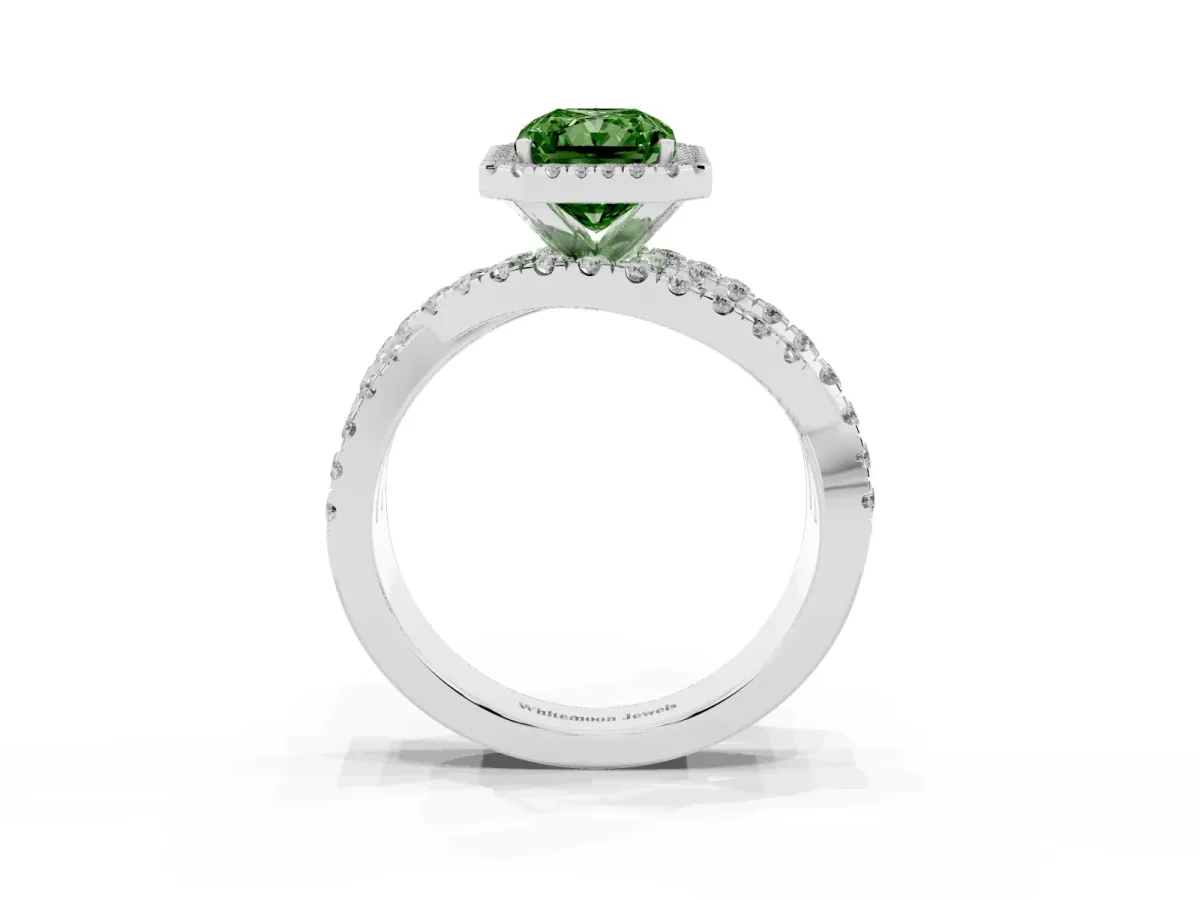 Fancy Green Radiant Cut Diamond Halo Ring with Round Split Shank and Prong Setting Silver