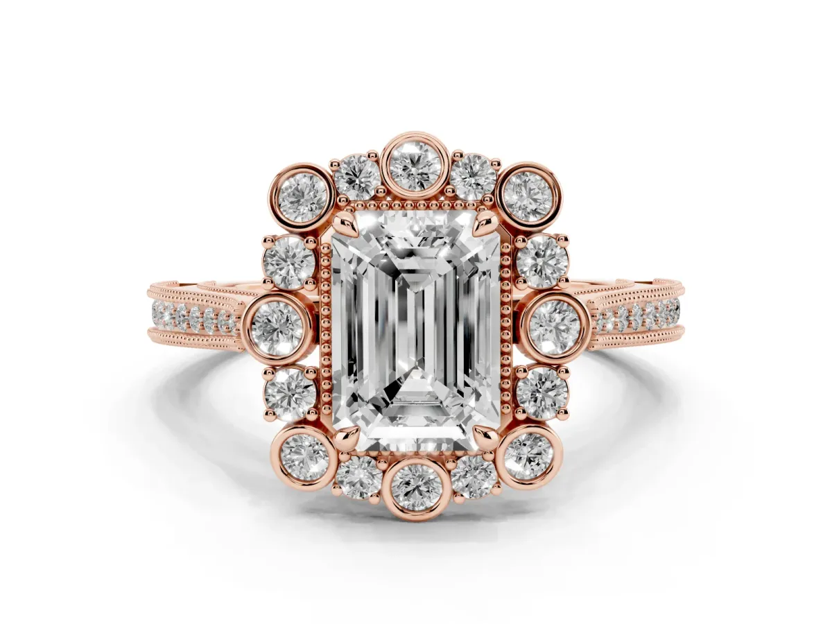 Emerald Cut Halo Milgrain Pave Diamond Ring with Four-Prong Setting Rose gold