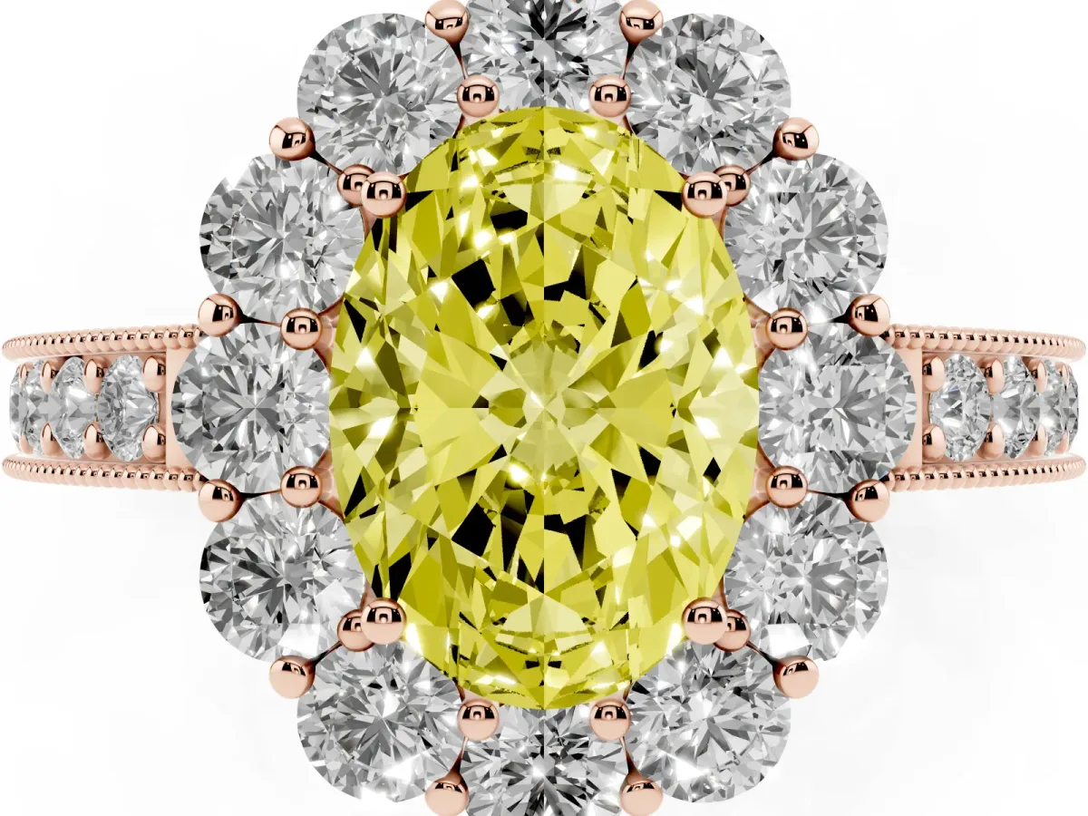 Fancy Yellow Oval Cut Cut Halo Diamond Pavé Engagement Ring with Milgrain Detailing Rose gold