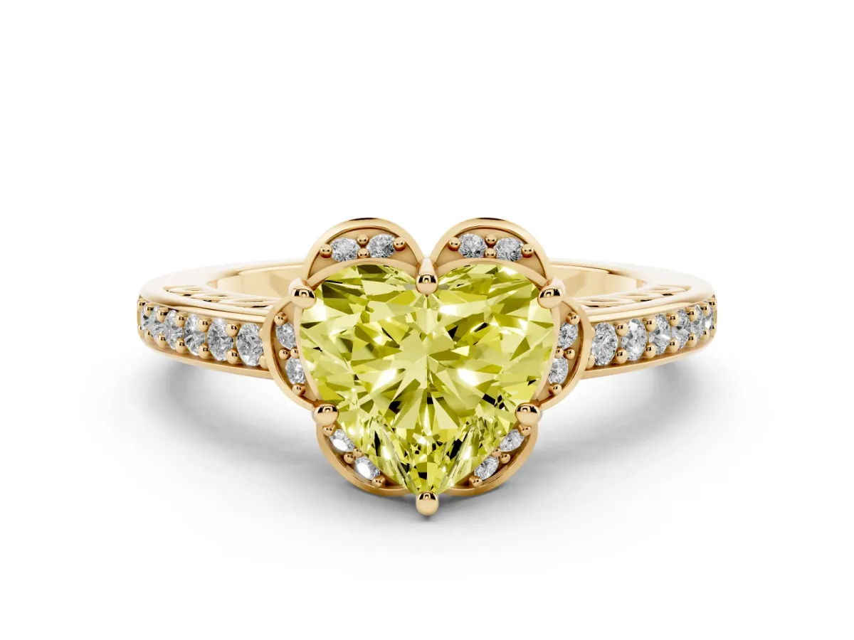 Fancy Yellow Heart Cut Cut Halo Diamond Ring with Channel Set Band and Four-Prong Setting Yellow gold