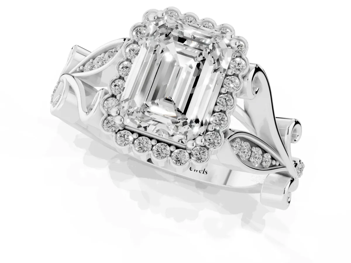 Emerald Cut Diamond Halo Ring with Vintage Split Shank and Four-Prong Setting Silver
