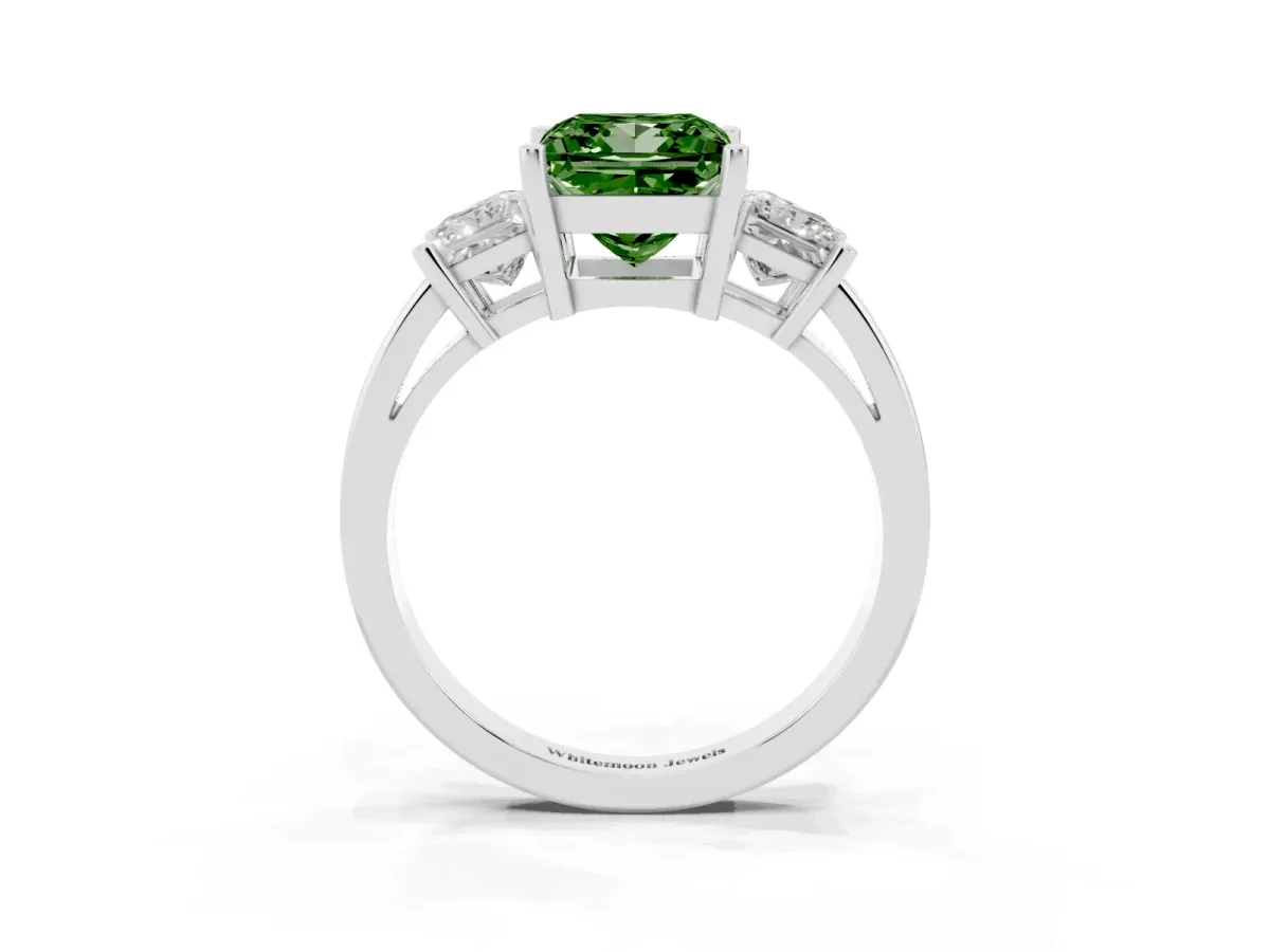 Fancy Green Three-Stone Princess Cut Cut Solitaire Ring with Prong Setting Silver