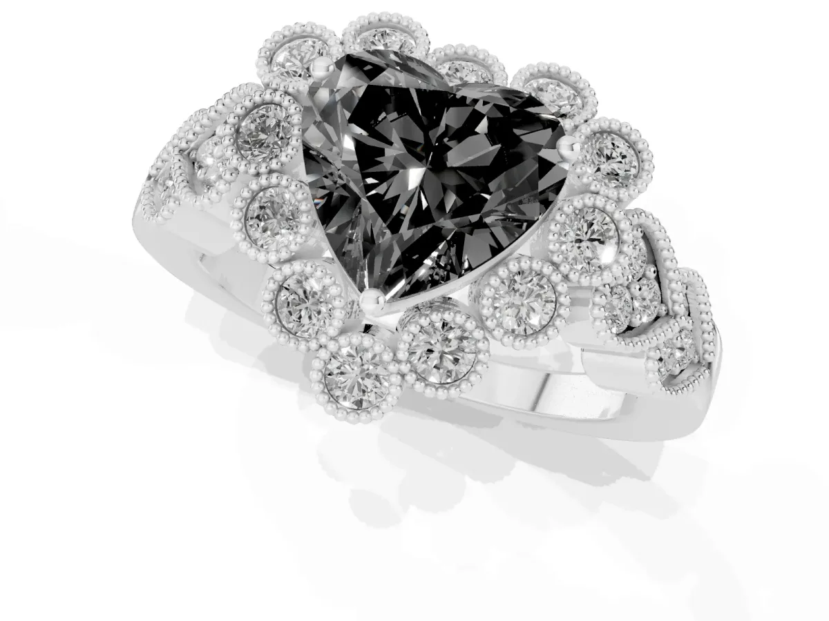 Fancy Black Heart Cut Brilliant Milgrain Pave Heart Band Solitaire Ring White gold