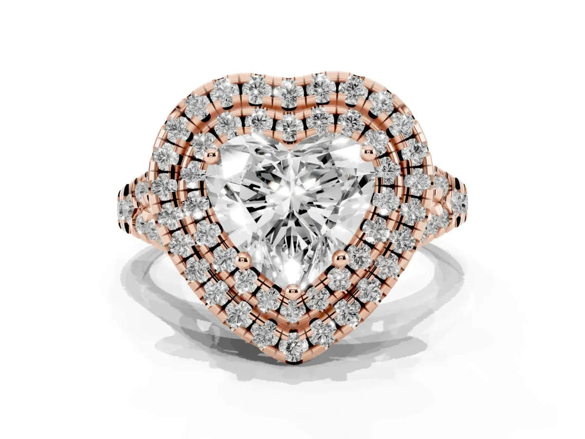 Double Halo Heart Cut Diamond Pavé Split Shank Ring with Prong Setting Rose gold
