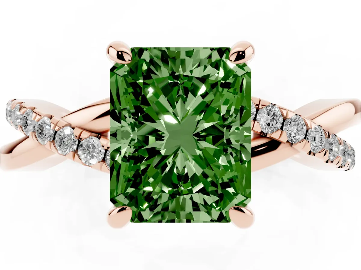 Fancy Green Radiant Cut Cut Diamond Twist Band Solitaire with Prong Setting Rose gold