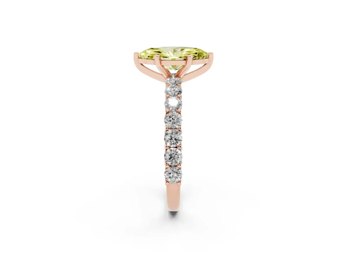 Fancy Yellow Marquise Cut Diamond Solitaire Ring with Shared Prong Pavé Band and Four-Prong Setting Rose gold