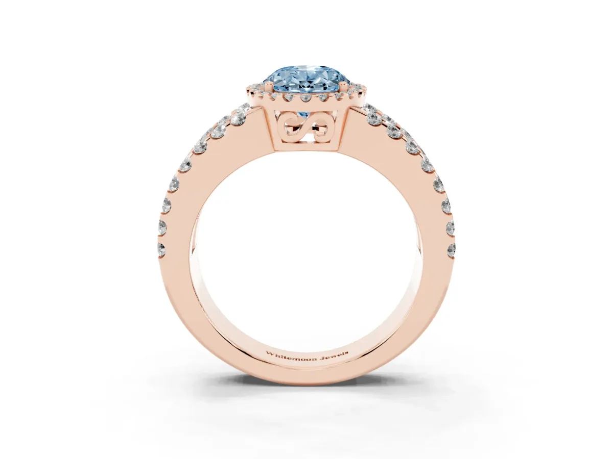 Fancy Blue Oval Cut Cut Halo Split Shank Diamond Ring with Four-Prong Setting Rose gold
