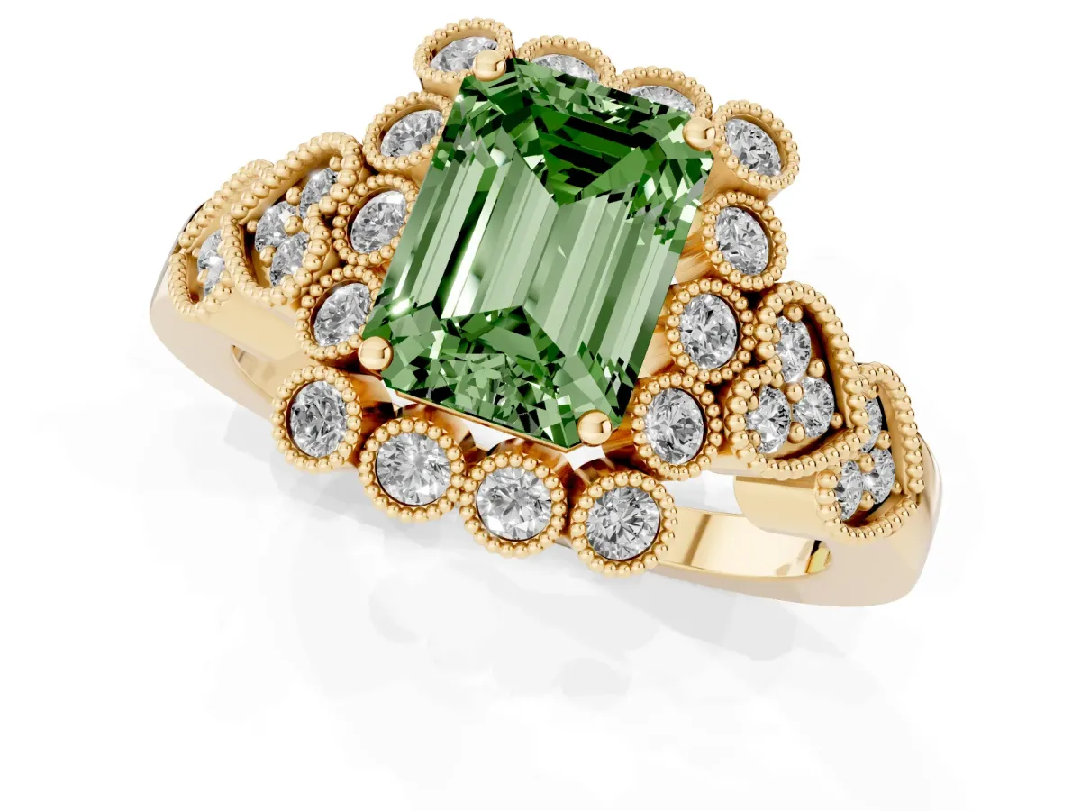 Fancy Green Emerald Cut Brilliant Milgrain Pave Heart Band Solitaire Ring Yellow gold