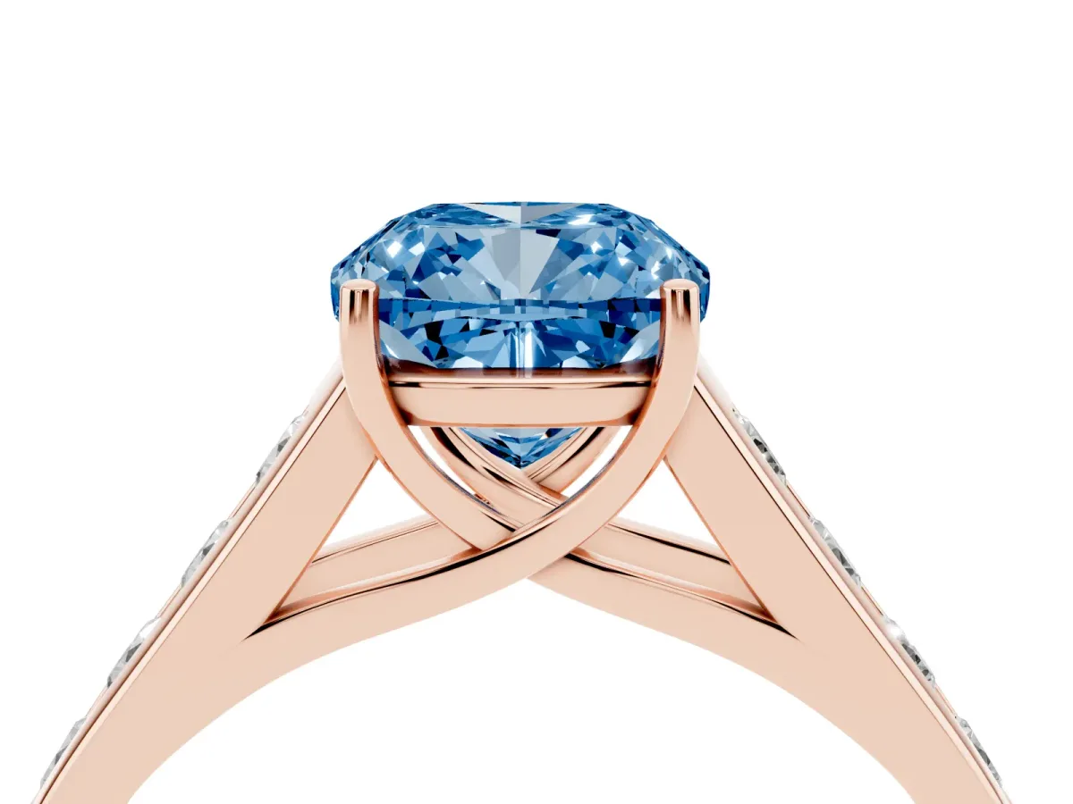 Fancy Blue Cushion Cut Brilliant Channel-Set Solitaire Ring with Four-Prong Setting Rose gold
