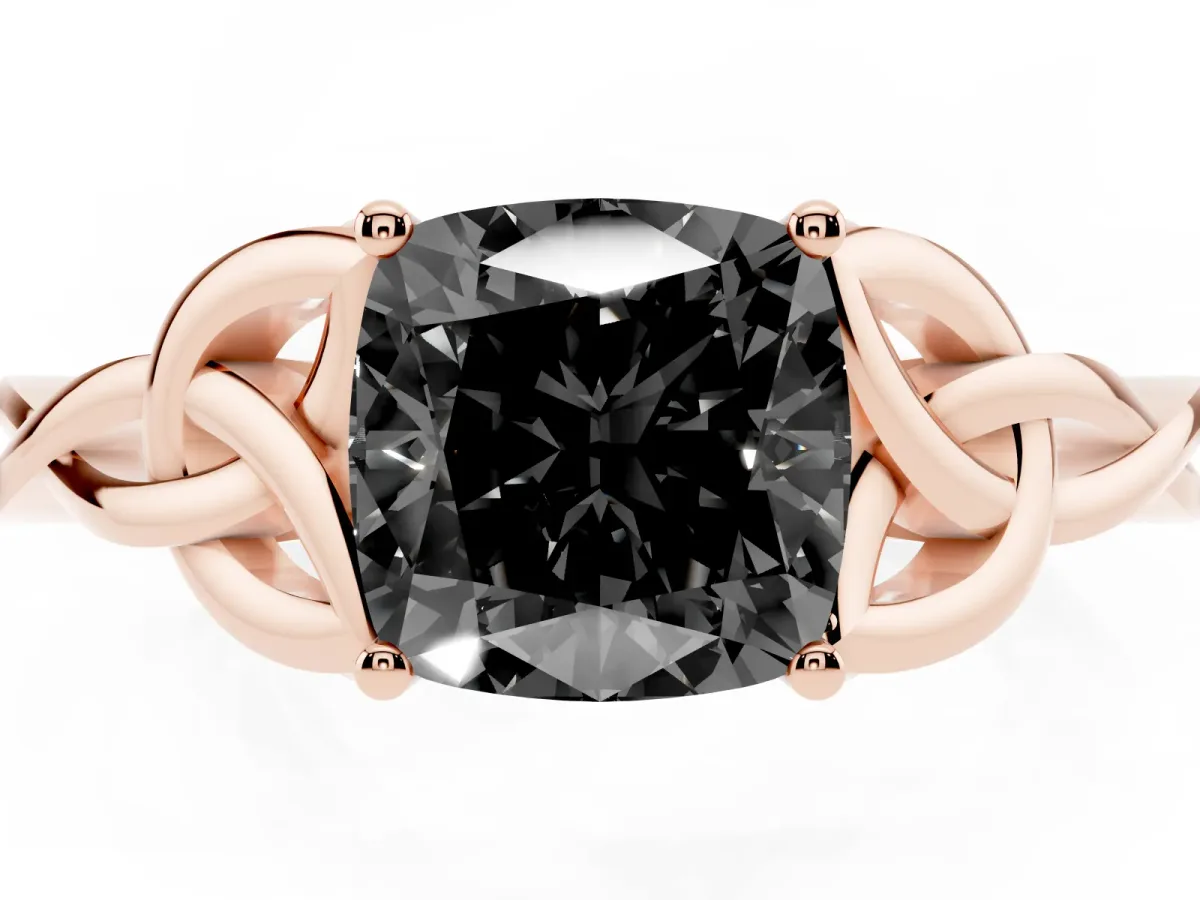 Fancy Black Cushion Cut Diamond Solitaire Engagement Ring with Celtic Knot Band and Four-Prong Setting Rose gold