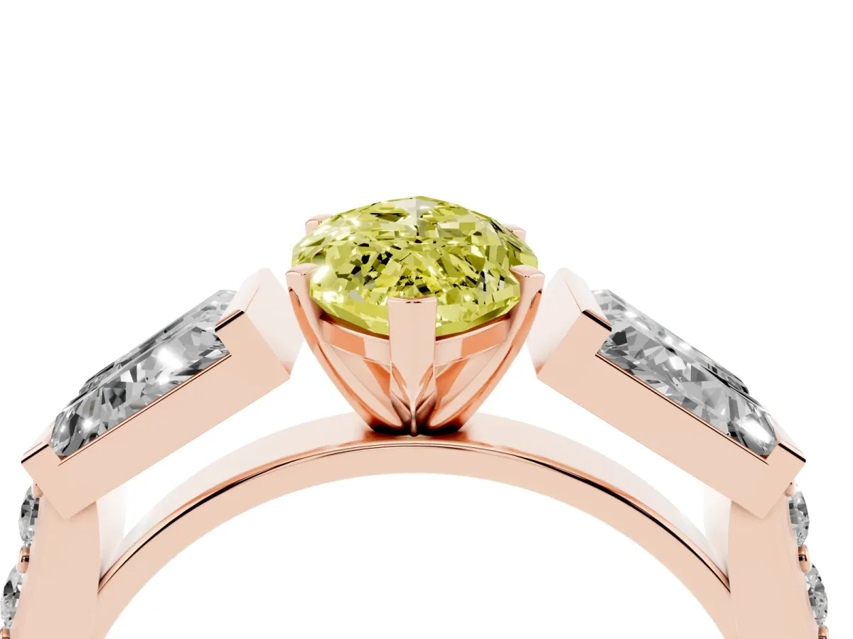Fancy Yellow Marquise Cut Diamond Engagement Ring with Baguette Side Stones and Channel Set Band Rose gold