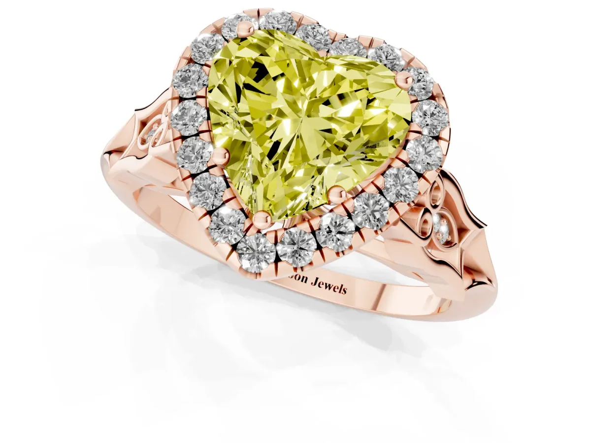 Fancy Yellow Heart Cut Halo Diamond Engagement Ring with Filigree Band and Four-Prong Setting Rose gold