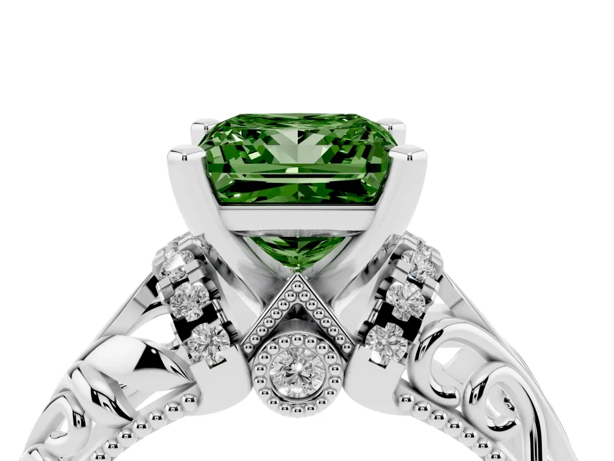 Fancy Green Princess Cut Solitaire Filigree Engagement Ring with Halo and Prong Setting Silver