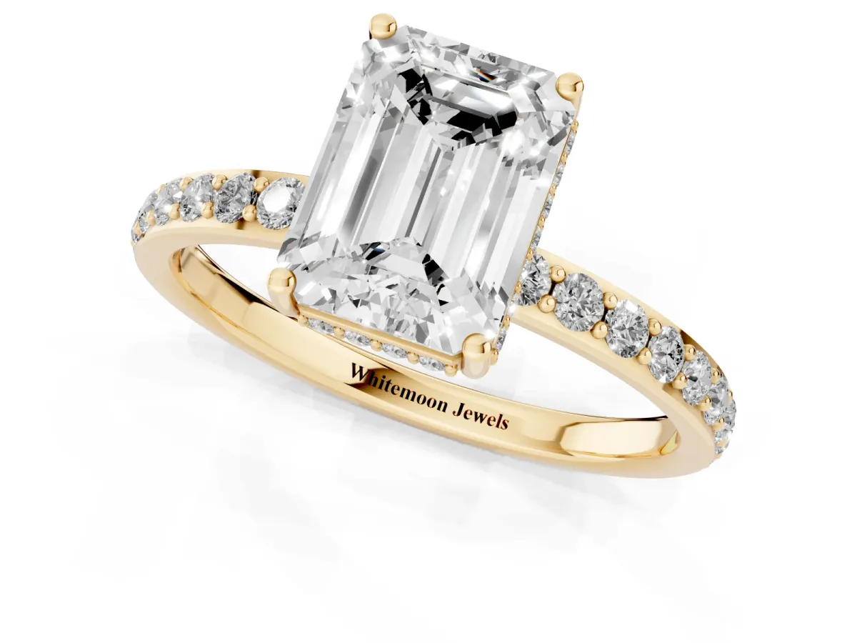 Emerald Cut Diamond Solitaire Ring with Pavé Band and Hidden Halo Yellow gold