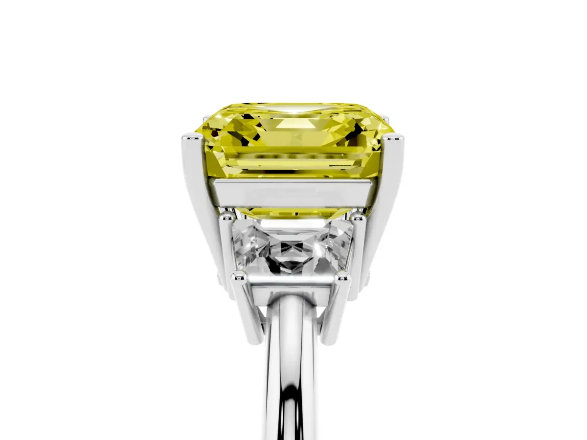 Fancy Yellow Asscher Cut Diamond Three-Stone Ring with Trapezoid Side Stones and Prong Setting Platinum