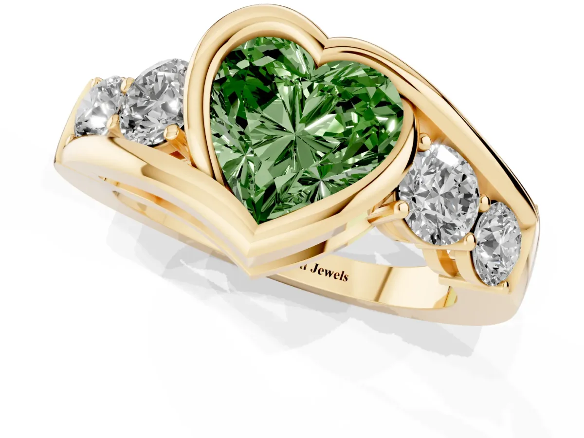 Fancy Green Bezel Set Heart Cut Diamond Bypass Ring with Round Accents Yellow gold