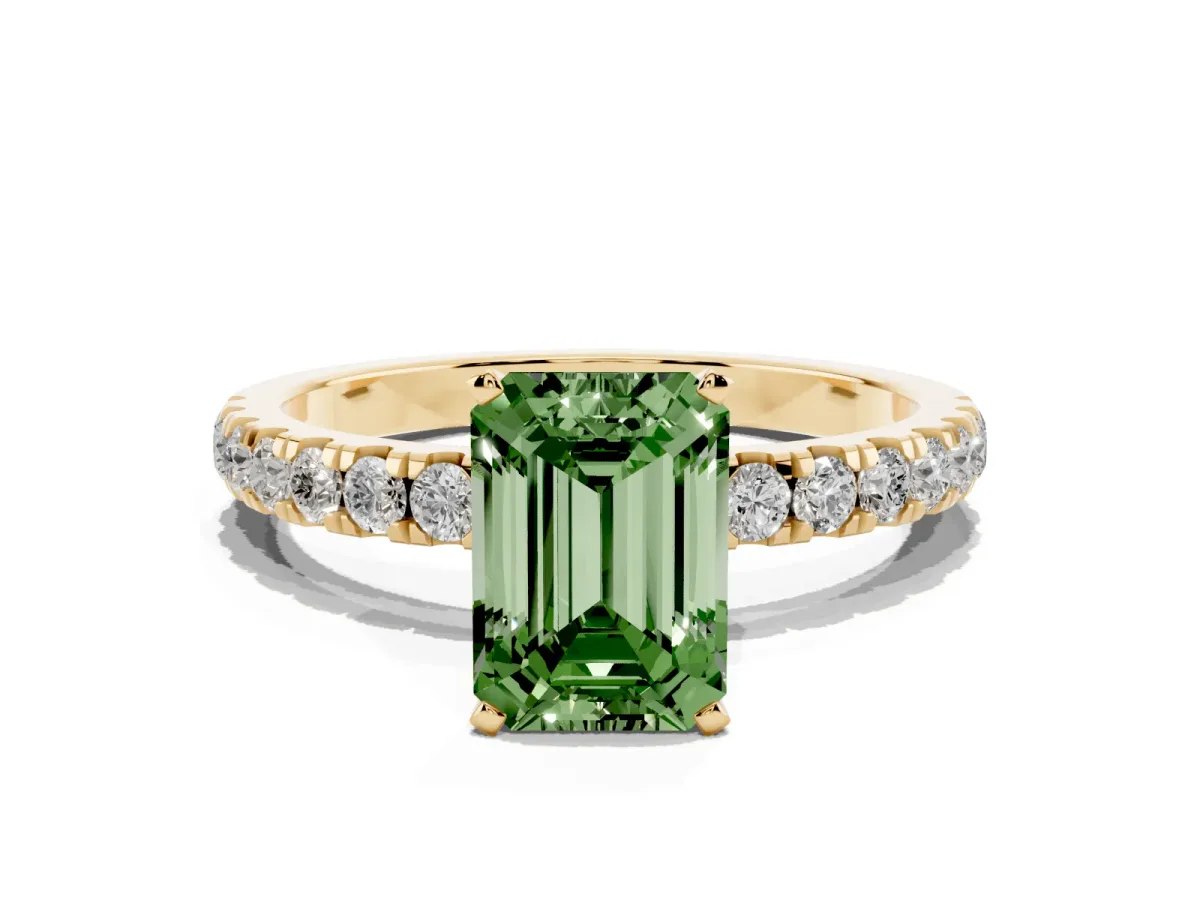 Fancy Green Emerald Cut Diamond Solitaire Ring with Pavé Accents and Four-Prong Setting Yellow gold