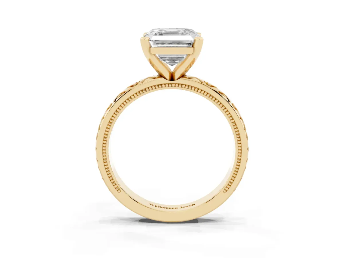 Asscher Cut Solitaire Diamond Engagement Ring with XO Engraved Band and Four-Prong Setting Yellow gold