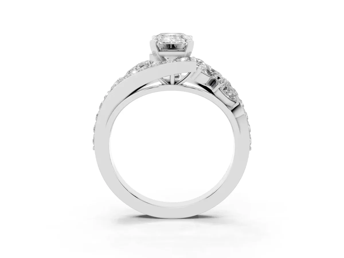 Emerald Cut Diamond Halo Ring with Marquise and Pavé Band in Prong Setting Platinum